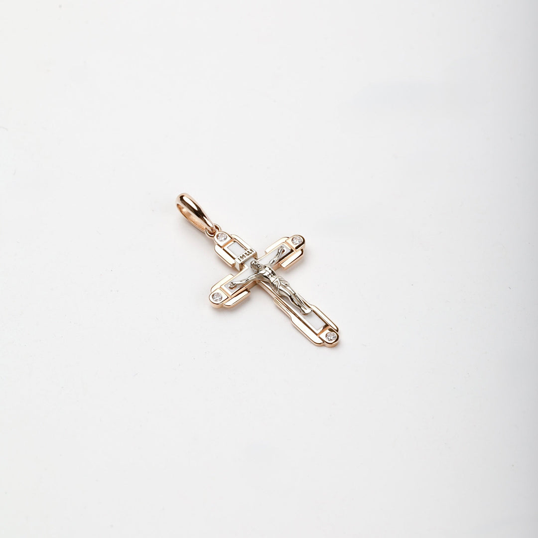 Two-Tone Gold 14K (585) White Enamel and Cubic Zirconia Crucifix Pendant | Ukrainian Jewelry
