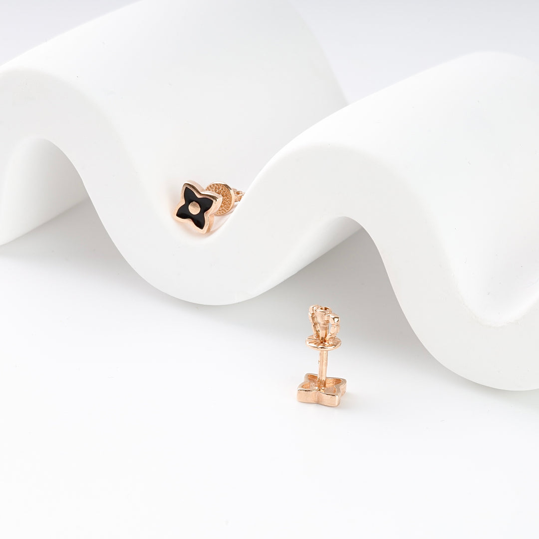 Flower Earrings with Black Enamel | 14K Rose Gold (585)