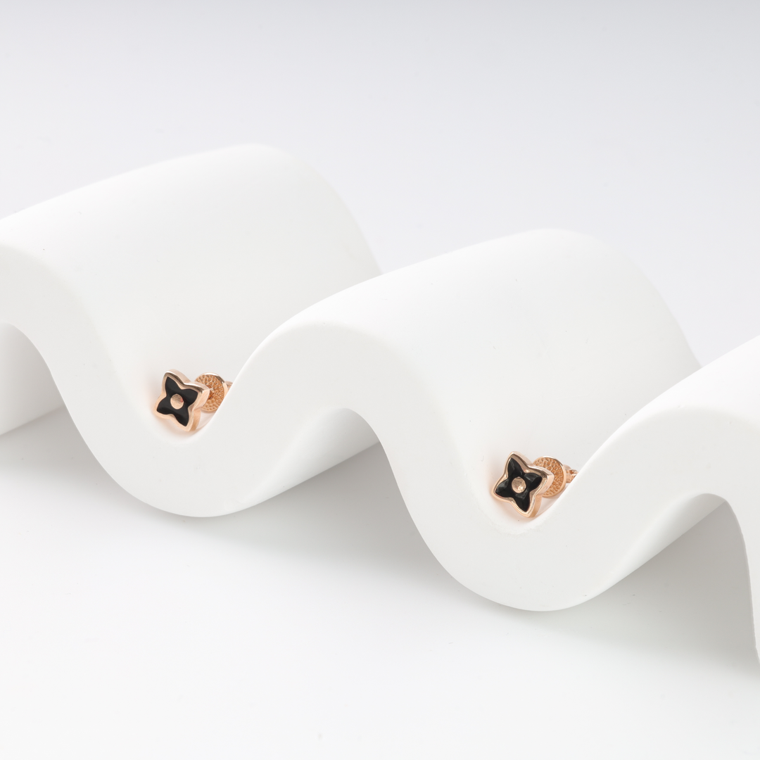 Flower Earrings with Black Enamel | 14K Rose Gold (585)