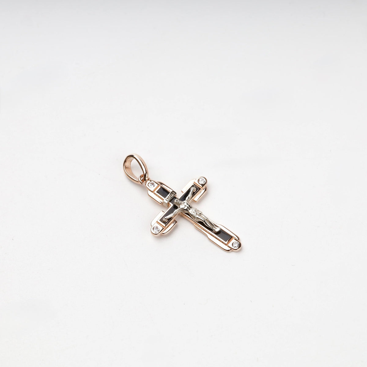 Two-Tone Gold 14K (585) Black Enamel and Cubic Zirconia Crucifix Pendant | Ukrainian Jewelry