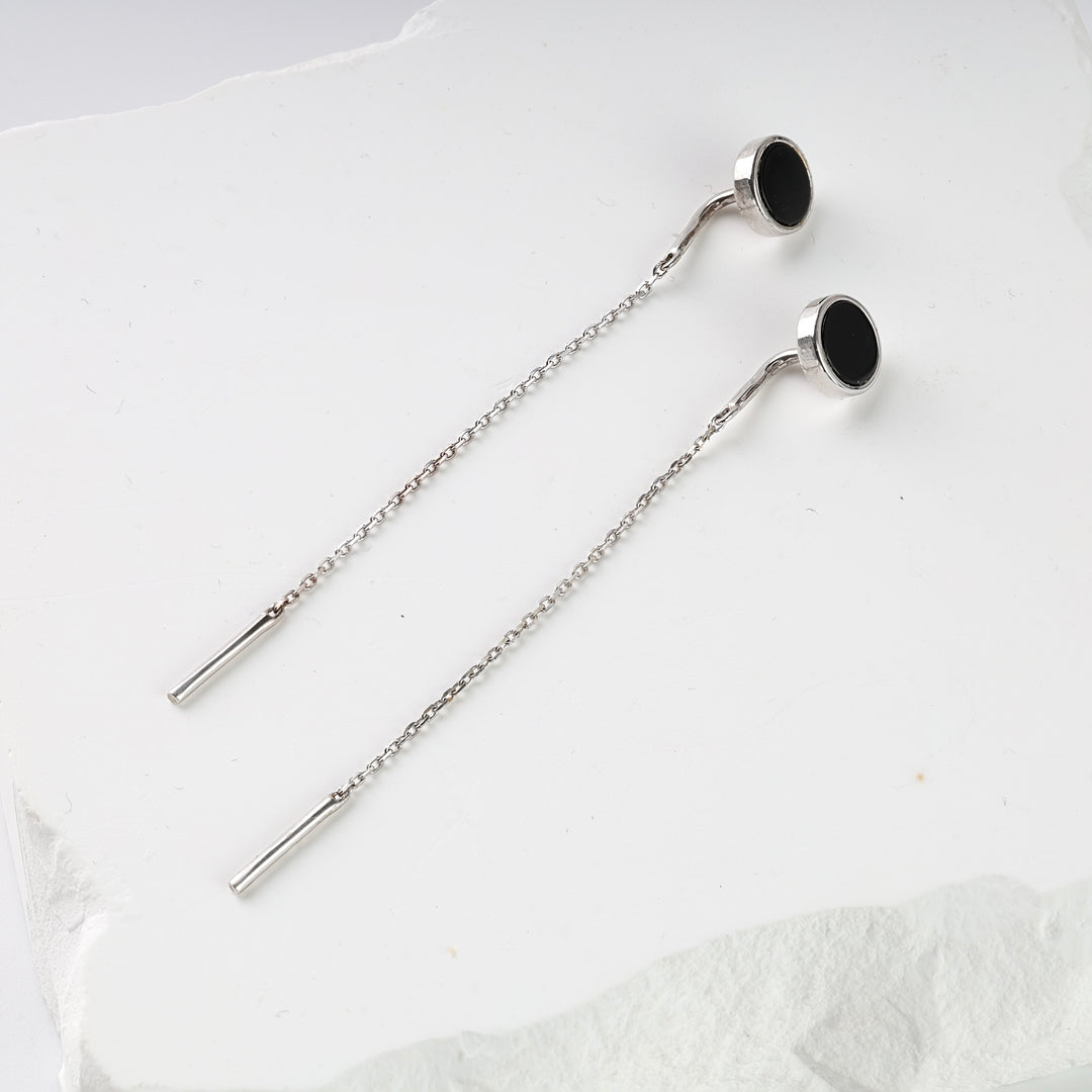 Threader Earrings Chain with black Agate  | 14 K White Gold (585) | Ukrainian Jewelry