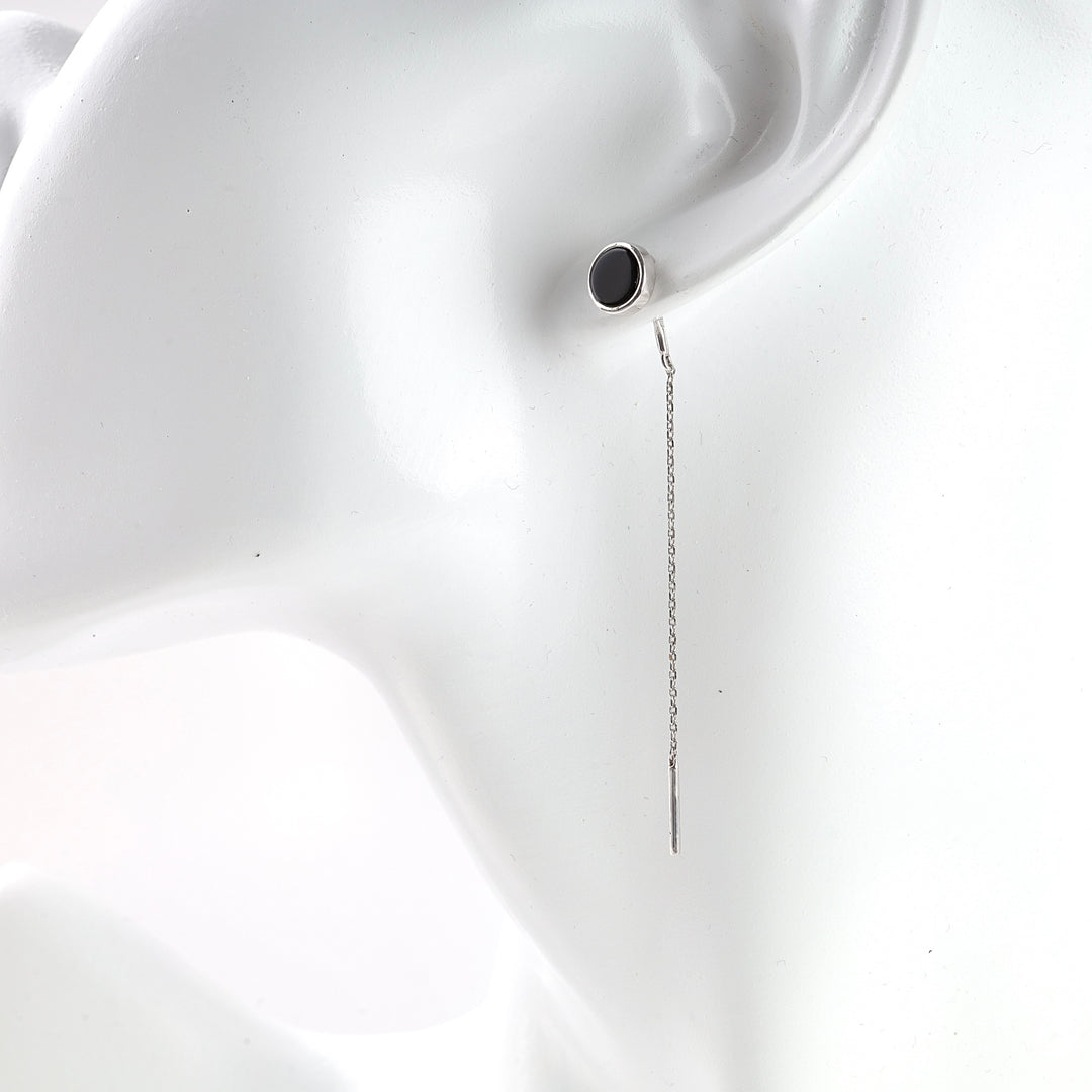 Threader Earrings Chain with black Agate  | 14 K White Gold (585) | Ukrainian Jewelry
