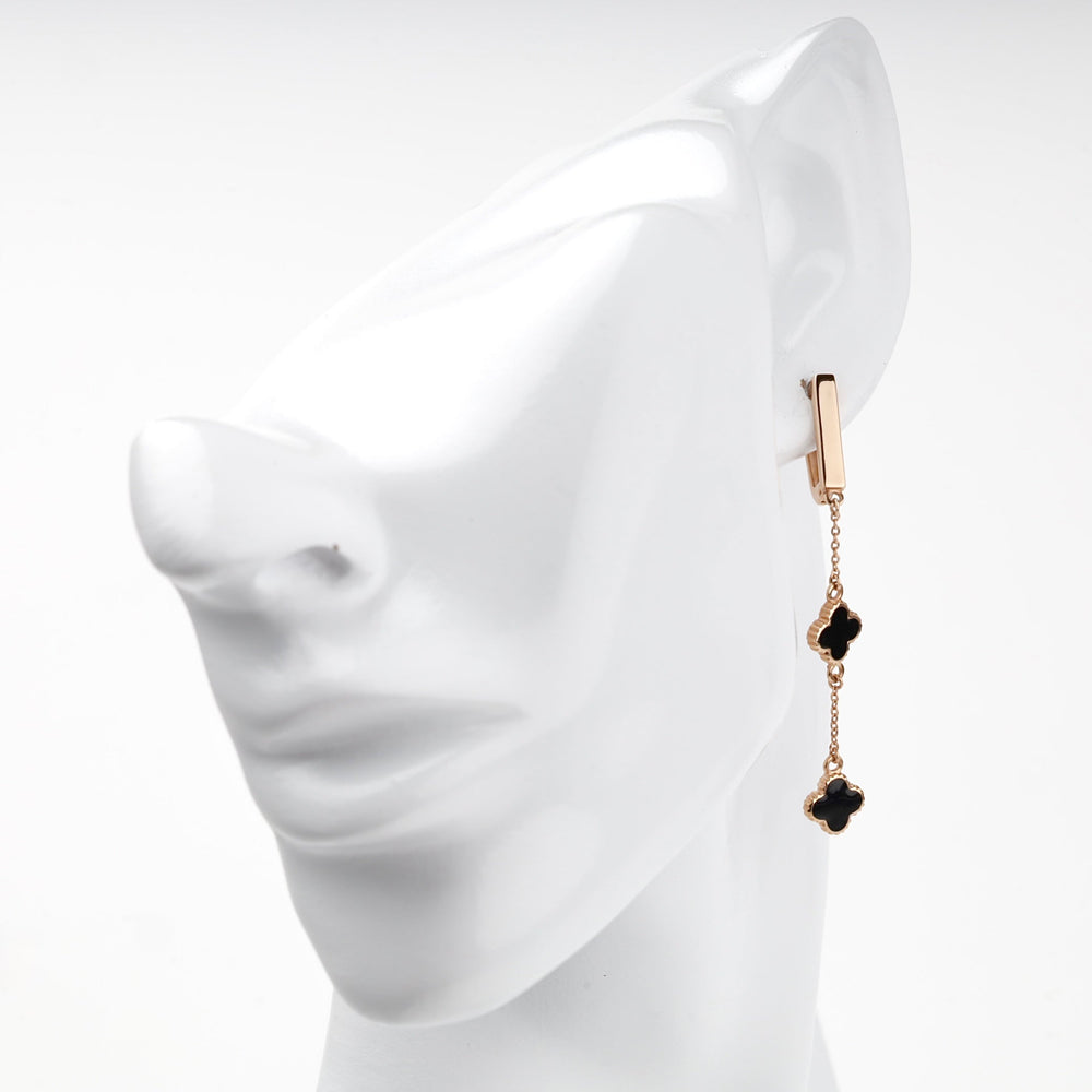 Rose Gold 14K (585) Black and White Enamel Double-Clover Drop Earrings | Ukrainian Jewelry