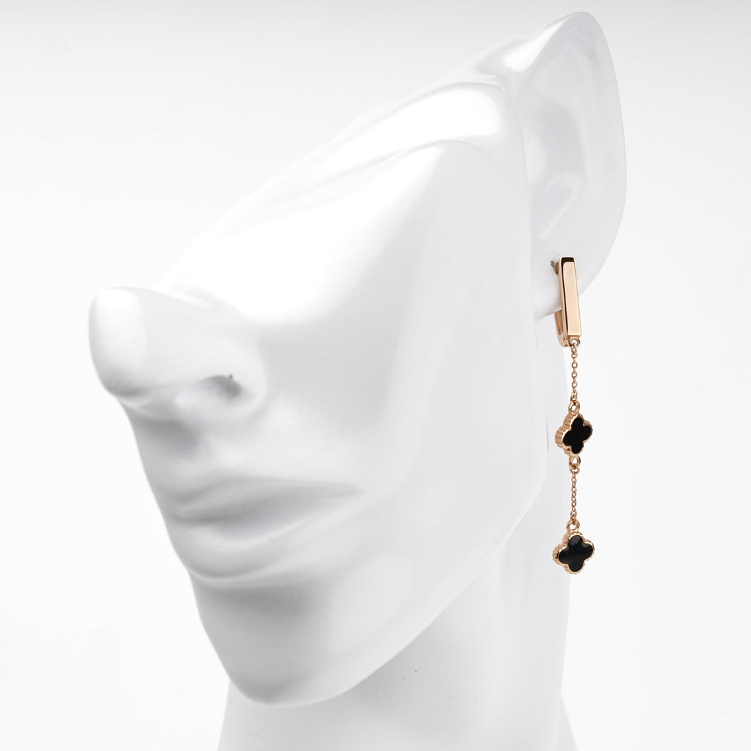 Rose Gold 14K (585) Black and White Enamel Double-Clover Drop Earrings | Ukrainian Jewelry