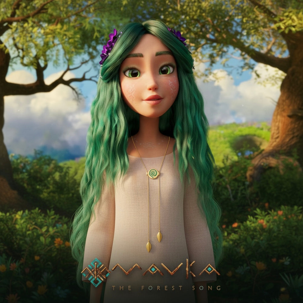 Movie Mavka. Necklace. Animated character with green hair and floral headband in a forest setting