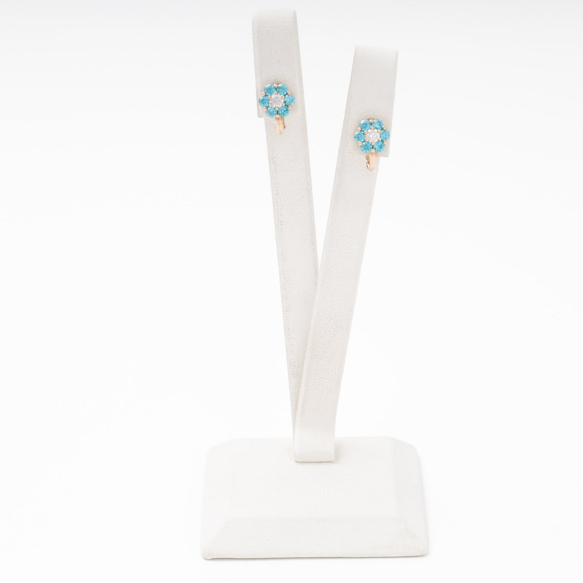 Rose Gold Flower Earrings 14K (585) with Blue and White Zirconia | Ukrainian Jewelry