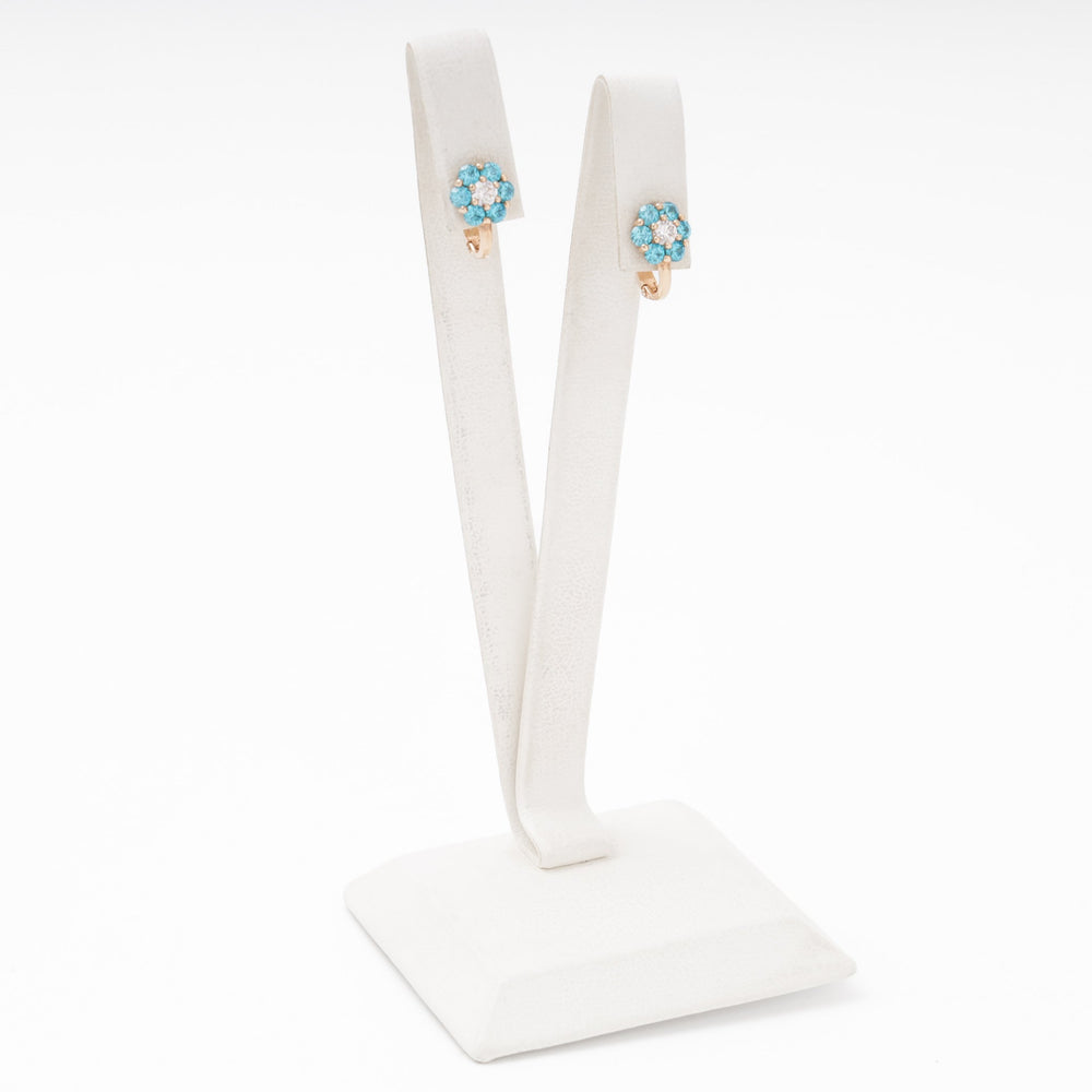 Rose Gold Flower Earrings 14K (585) with Blue and White Zirconia | Ukrainian Jewelry