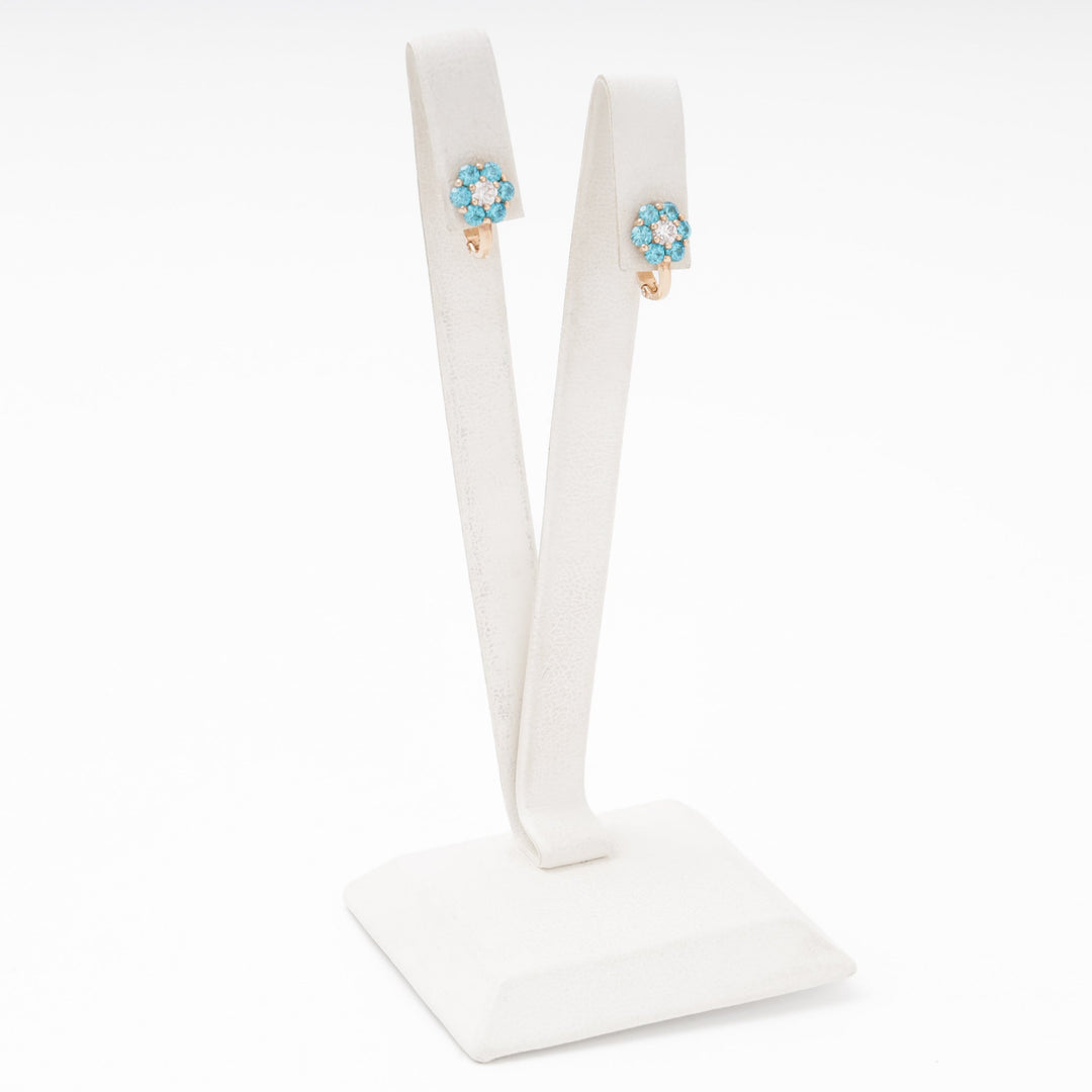 Rose Gold Flower Earrings 14K (585) with Blue and White Zirconia | Ukrainian Jewelry