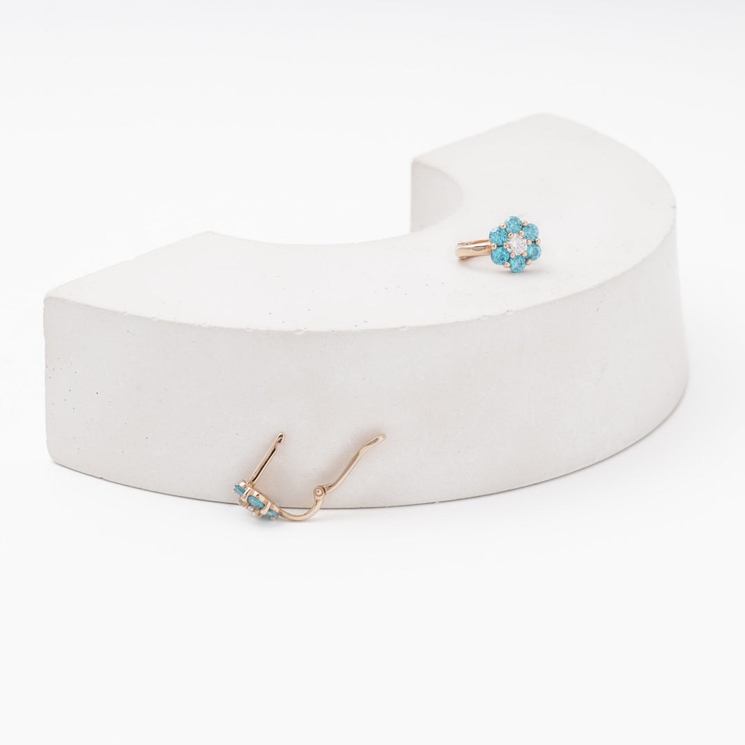 Rose Gold Flower Earrings 14K (585) with Blue and White Zirconia | Ukrainian Jewelry
