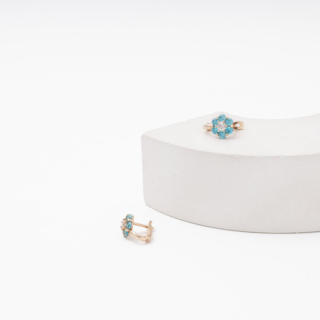 Rose Gold Flower Earrings 14K (585) with Blue and White Zirconia | Ukrainian Jewelry