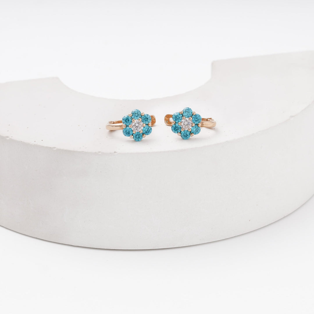 Rose Gold Flower Earrings 14K (585) with Blue and White Zirconia | Ukrainian Jewelry