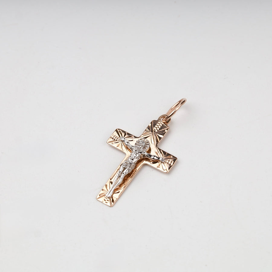 Two-Tone Gold 14K (585) Engraved Orthodox Crucifix Pendant | Ukrainian Jewelry