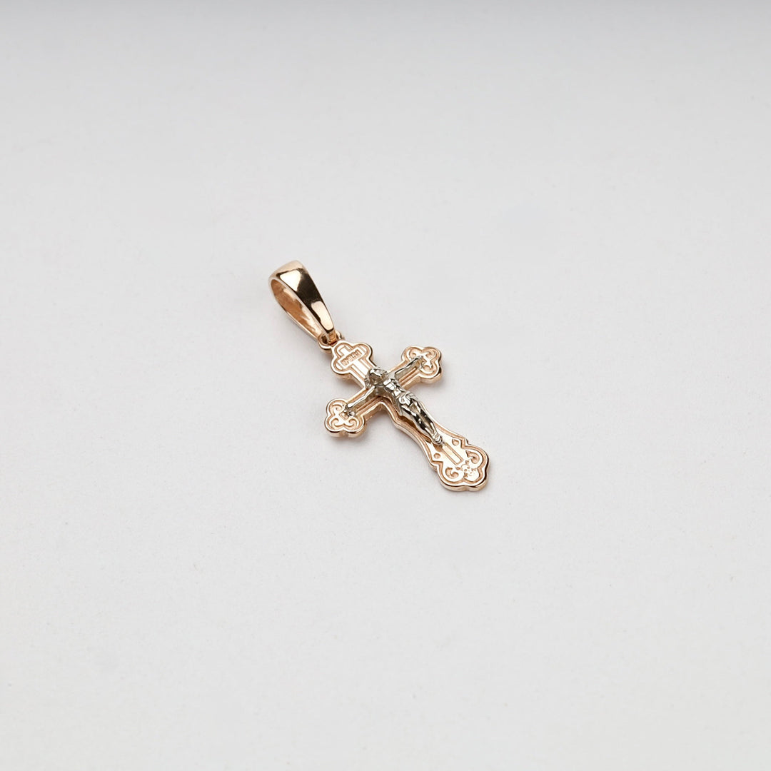 Two-Tone Gold 14K (585) Ornate Orthodox Crucifix Pendant | Ukrainian Jewelry