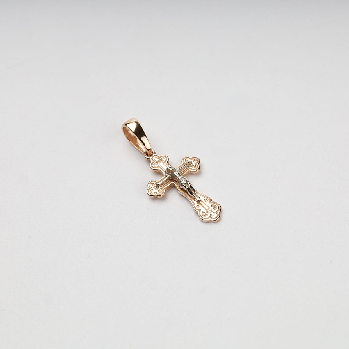 Two-Tone Gold 14K (585) Ornate Orthodox Crucifix Pendant | Ukrainian Jewelry