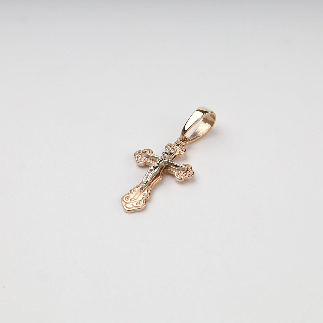 Two-Tone Gold 14K (585) Ornate Orthodox Crucifix Pendant | Ukrainian Jewelry