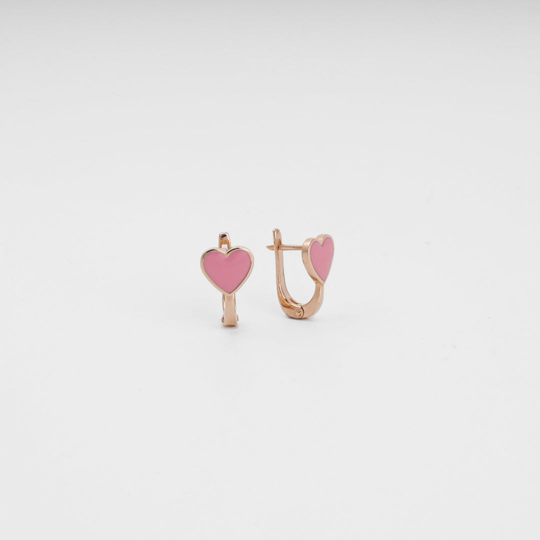 Children's Rose Gold 14K (585) Heart Earrings with Pink Enamel | Ukrainian Jewelry