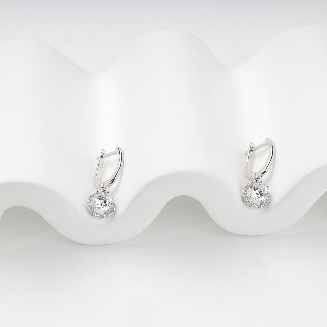 White Gold 14K (585) Cubic Zirconia Halo Drop Earrings | Ukrainian Jewelry