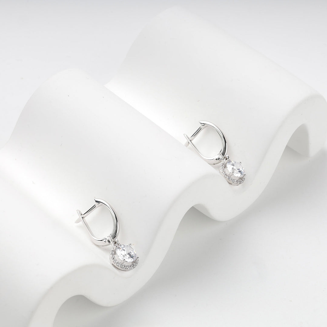 White Gold 14K (585) Cubic Zirconia Halo Drop Earrings | Ukrainian Jewelry