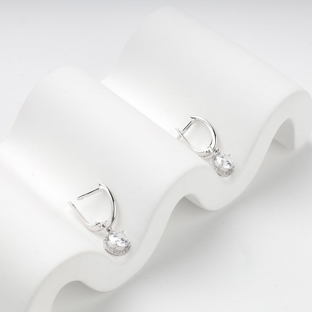White Gold 14K (585) Cubic Zirconia Halo Drop Earrings | Ukrainian Jewelry