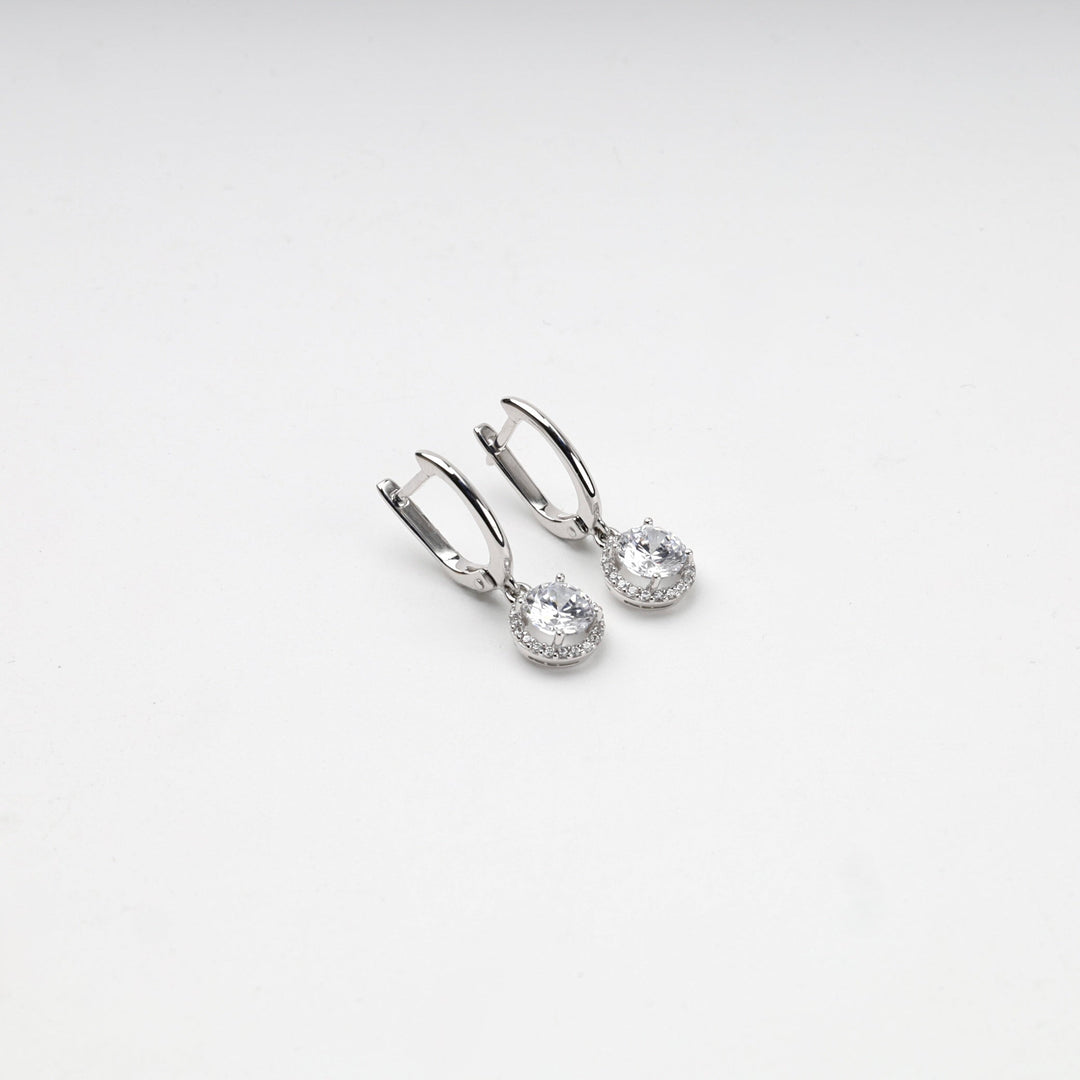 White Gold 14K (585) Cubic Zirconia Halo Drop Earrings | Ukrainian Jewelry