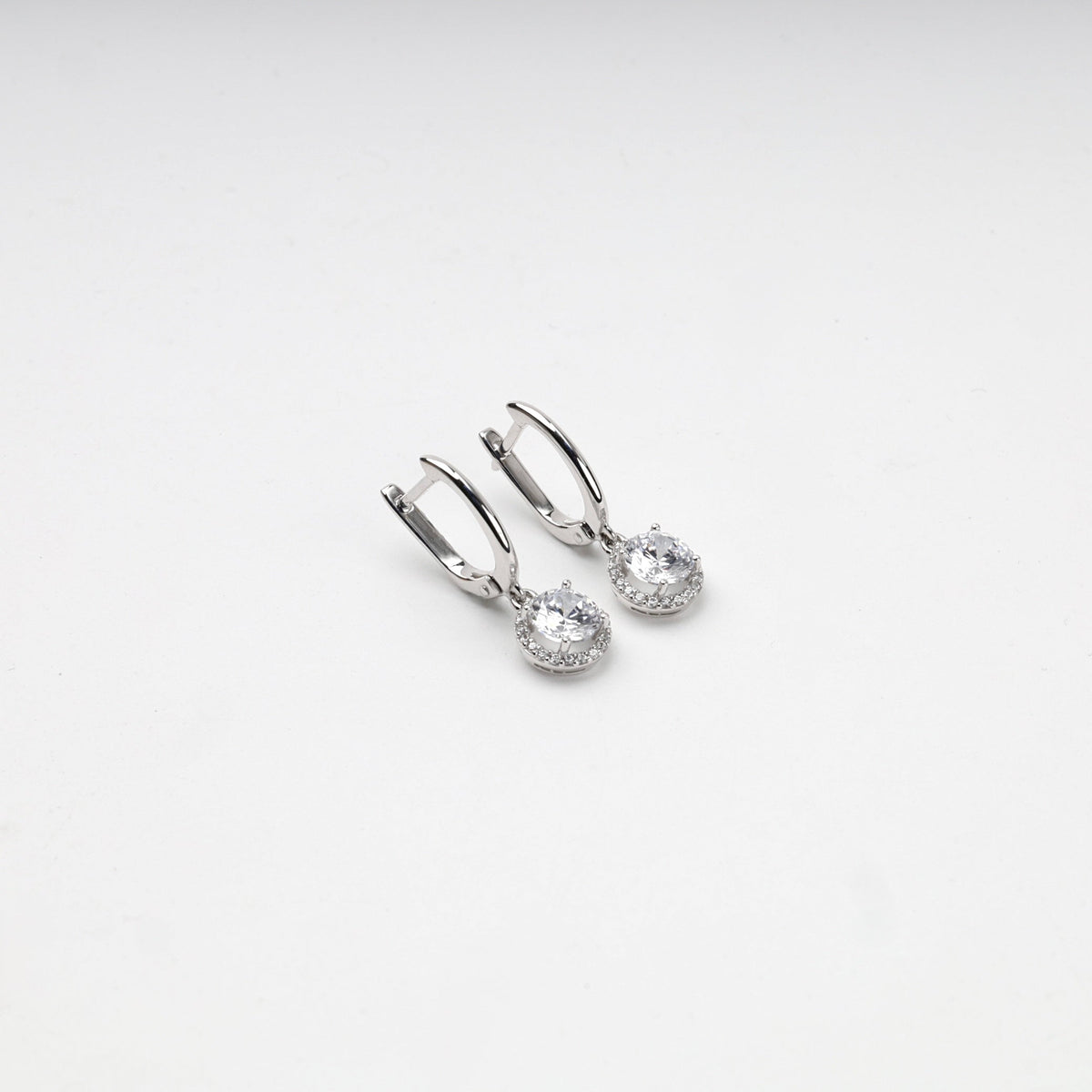 White Gold 14K (585) Cubic Zirconia Halo Drop Earrings | Ukrainian Jewelry