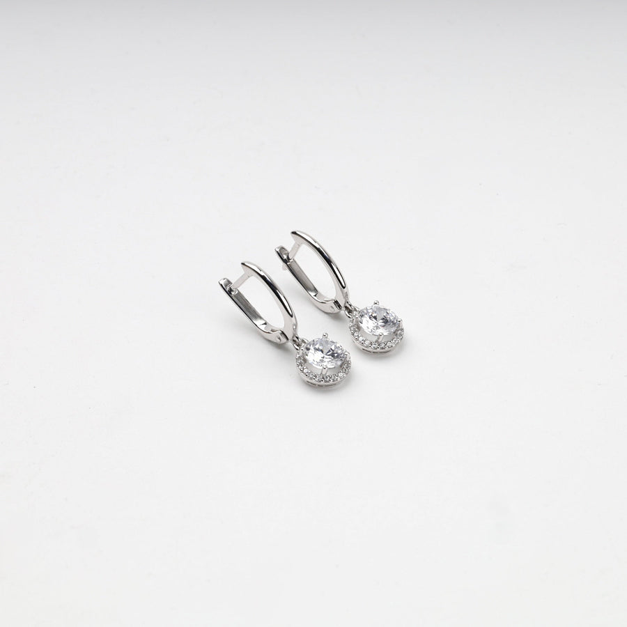 White Gold 14K (585) Cubic Zirconia Halo Drop Earrings | Ukrainian Jewelry