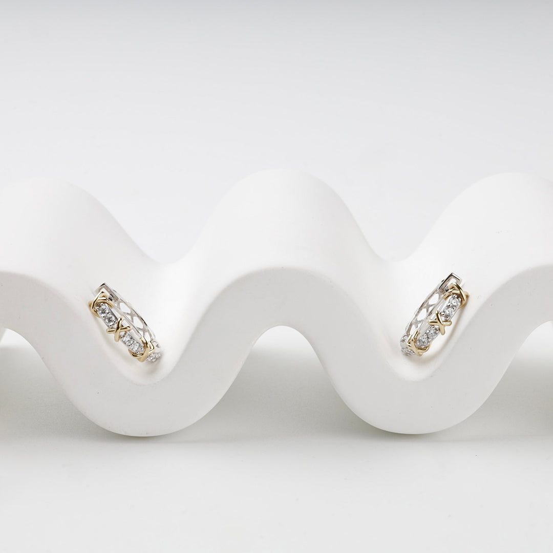 Two-Tone Gold 14K (585) Cubic Zirconia X Huggie Earrings | Ukrainian Jewelry
