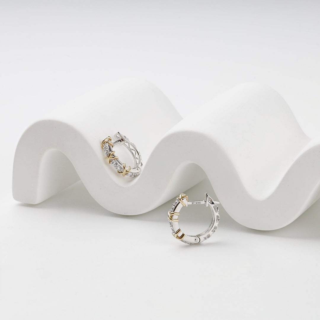 Two-Tone Gold 14K (585) Cubic Zirconia X Huggie Earrings | Ukrainian Jewelry