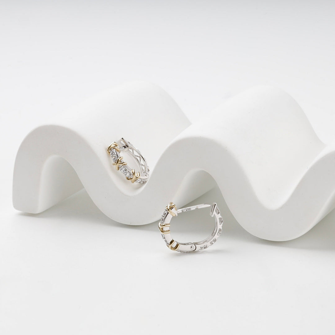 Two-Tone Gold 14K (585) Cubic Zirconia X Huggie Earrings | Ukrainian Jewelry