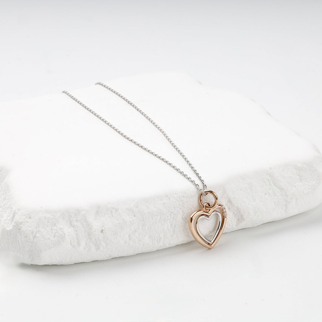 Two-Tone Gold 14K (585) Cubic Zirconia Open Heart Pendant | Ukrainian Jewelry