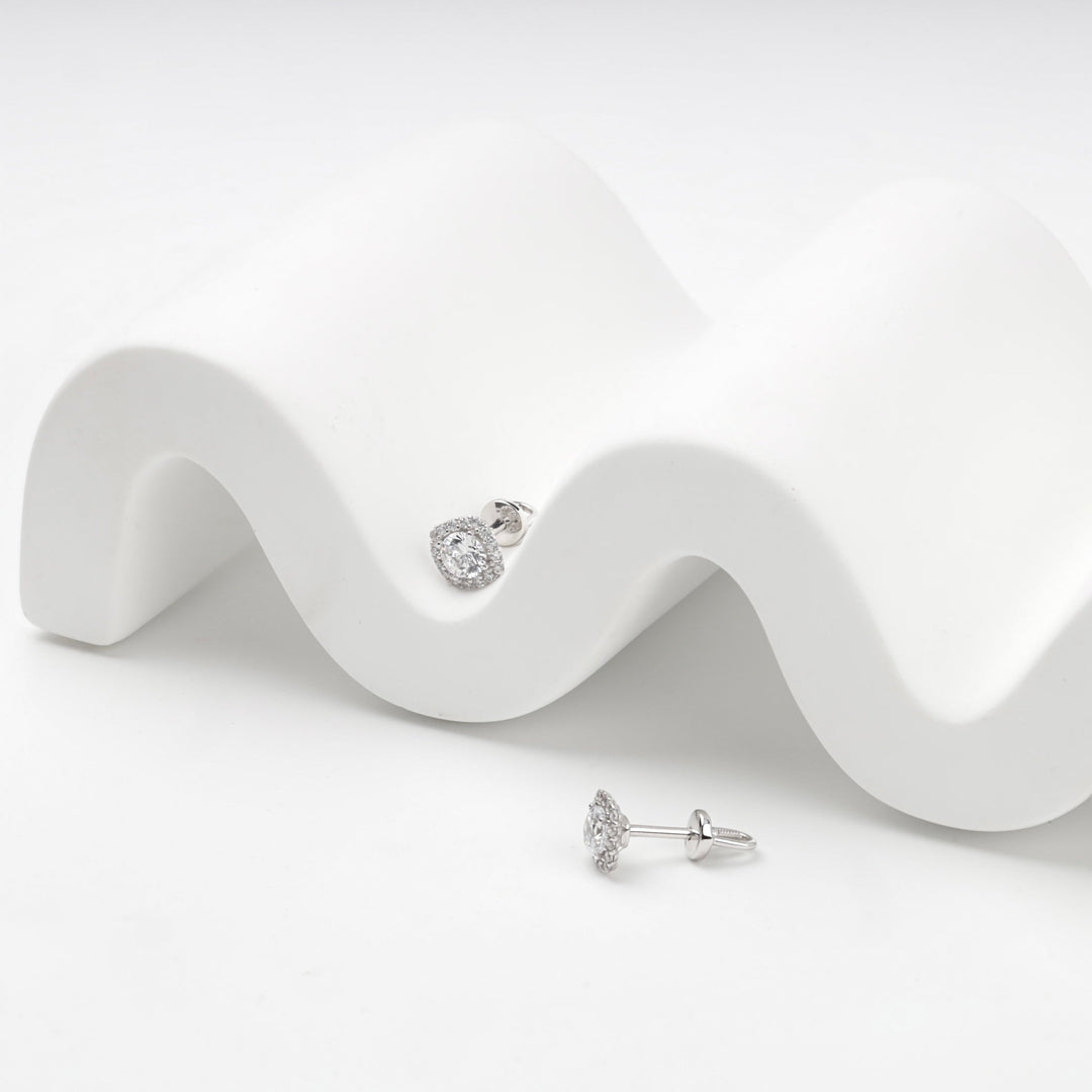 White Gold 14K (585) Cubic Zirconia Halo Stud Earrings | Ukrainian Jewelry