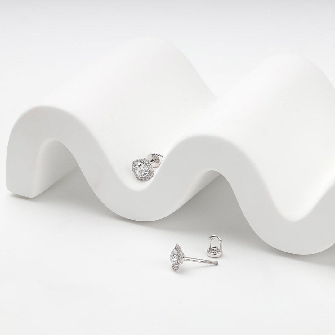White Gold 14K (585) Cubic Zirconia Halo Stud Earrings | Ukrainian Jewelry