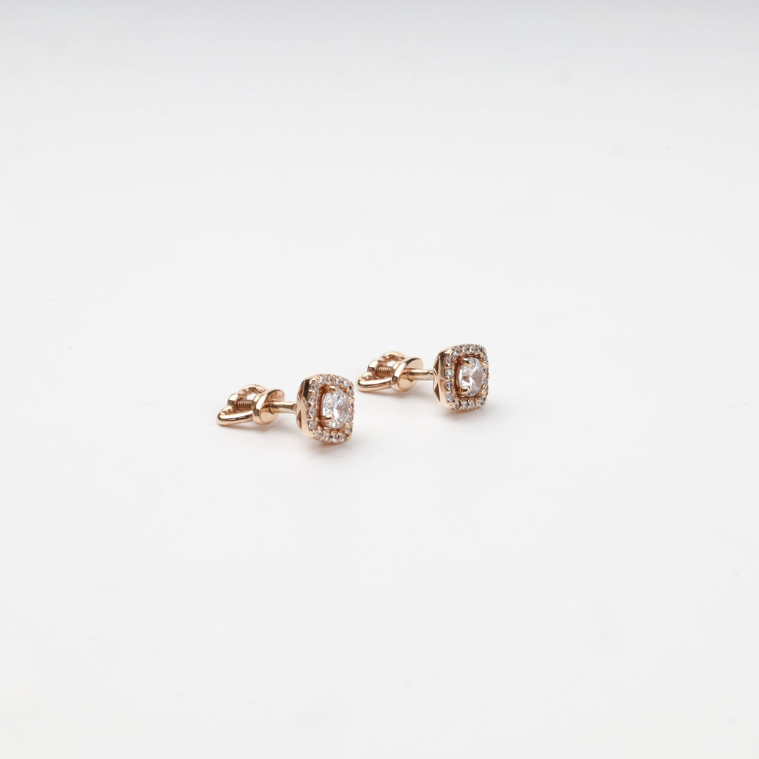 Rose Gold 14K (585) Cubic Zirconia Square Halo Stud Earrings | Ukrainian Jewelry