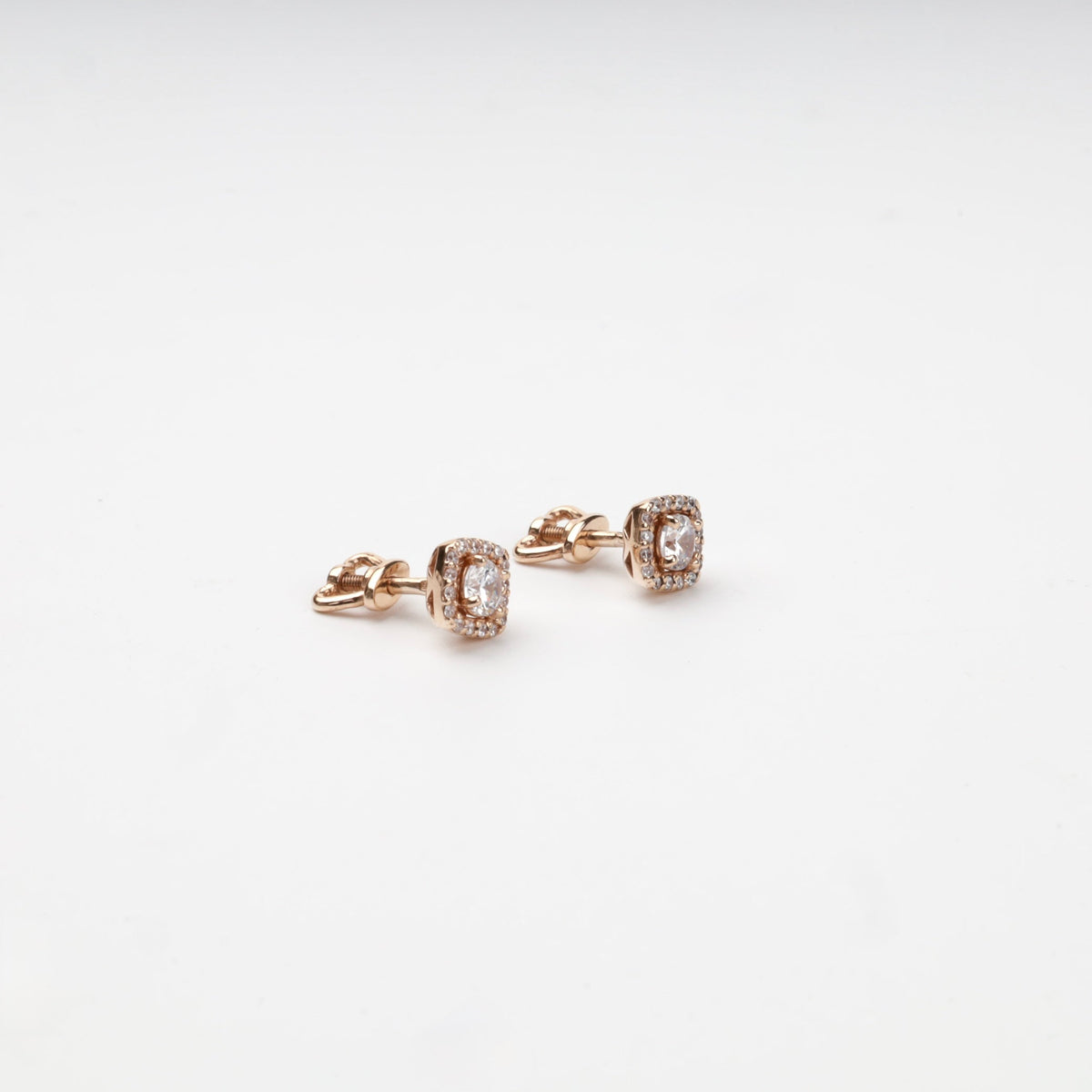 Rose Gold 14K (585) Cubic Zirconia Square Halo Stud Earrings | Ukrainian Jewelry