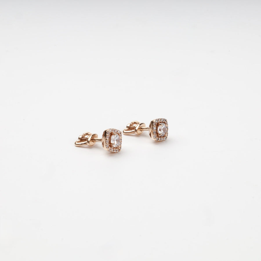 Rose Gold 14K (585) Cubic Zirconia Square Halo Stud Earrings | Ukrainian Jewelry