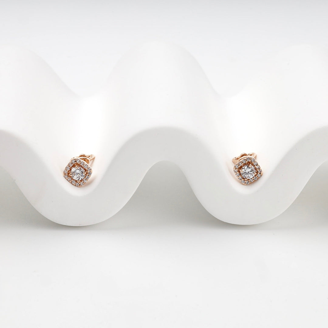Rose Gold 14K (585) Cubic Zirconia Square Halo Stud Earrings | Ukrainian Jewelry