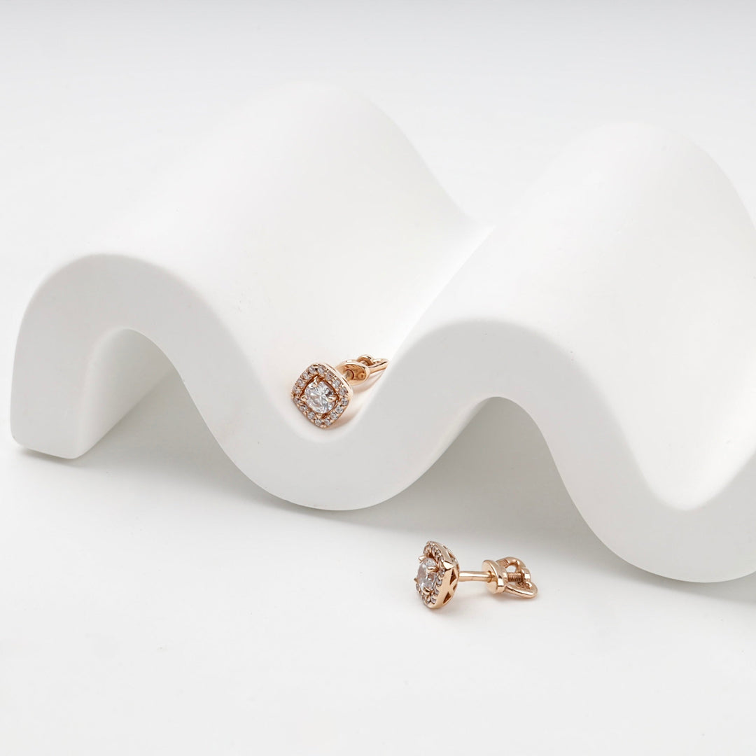 Rose Gold 14K (585) Cubic Zirconia Square Halo Stud Earrings | Ukrainian Jewelry