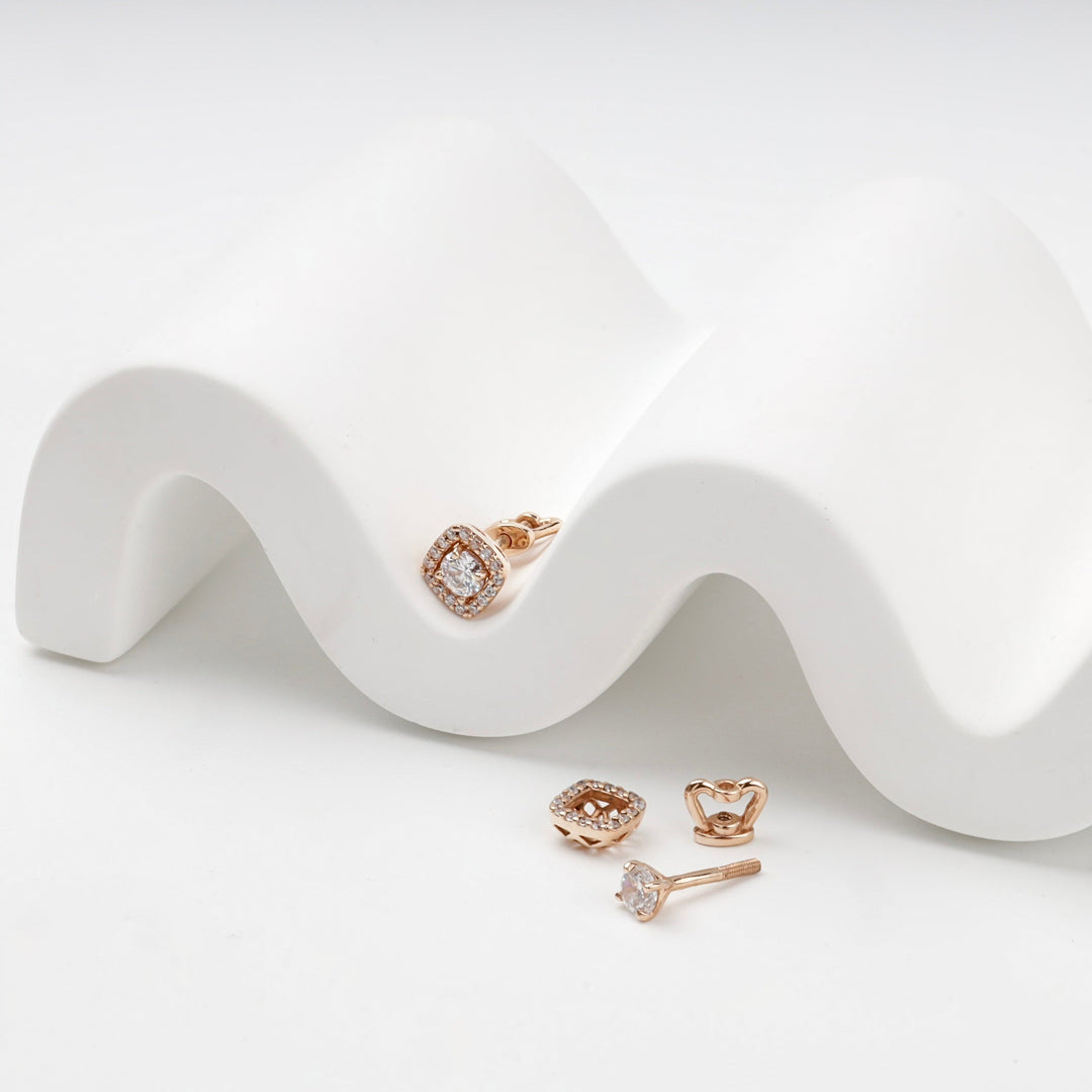 Rose Gold 14K (585) Cubic Zirconia Square Halo Stud Earrings | Ukrainian Jewelry