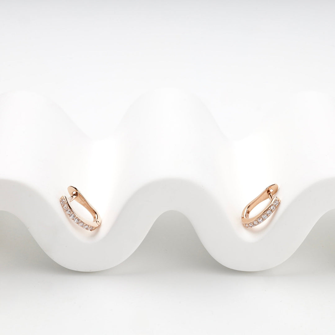 Rose Gold 14K (585) Cubic Zirconia Elongated Huggie Hoop Earrings | Ukrainian Jewelry