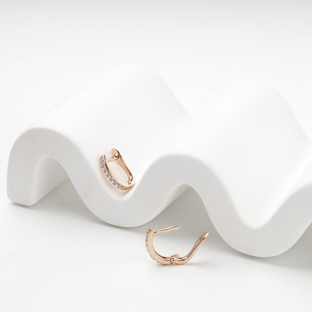 Rose Gold 14K (585) Cubic Zirconia Elongated Huggie Hoop Earrings | Ukrainian Jewelry