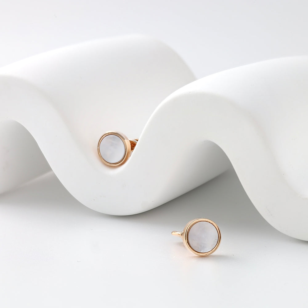 Round Mother of Pearl Stud Earrings in 14K Rose Gold — screw-back closure detail