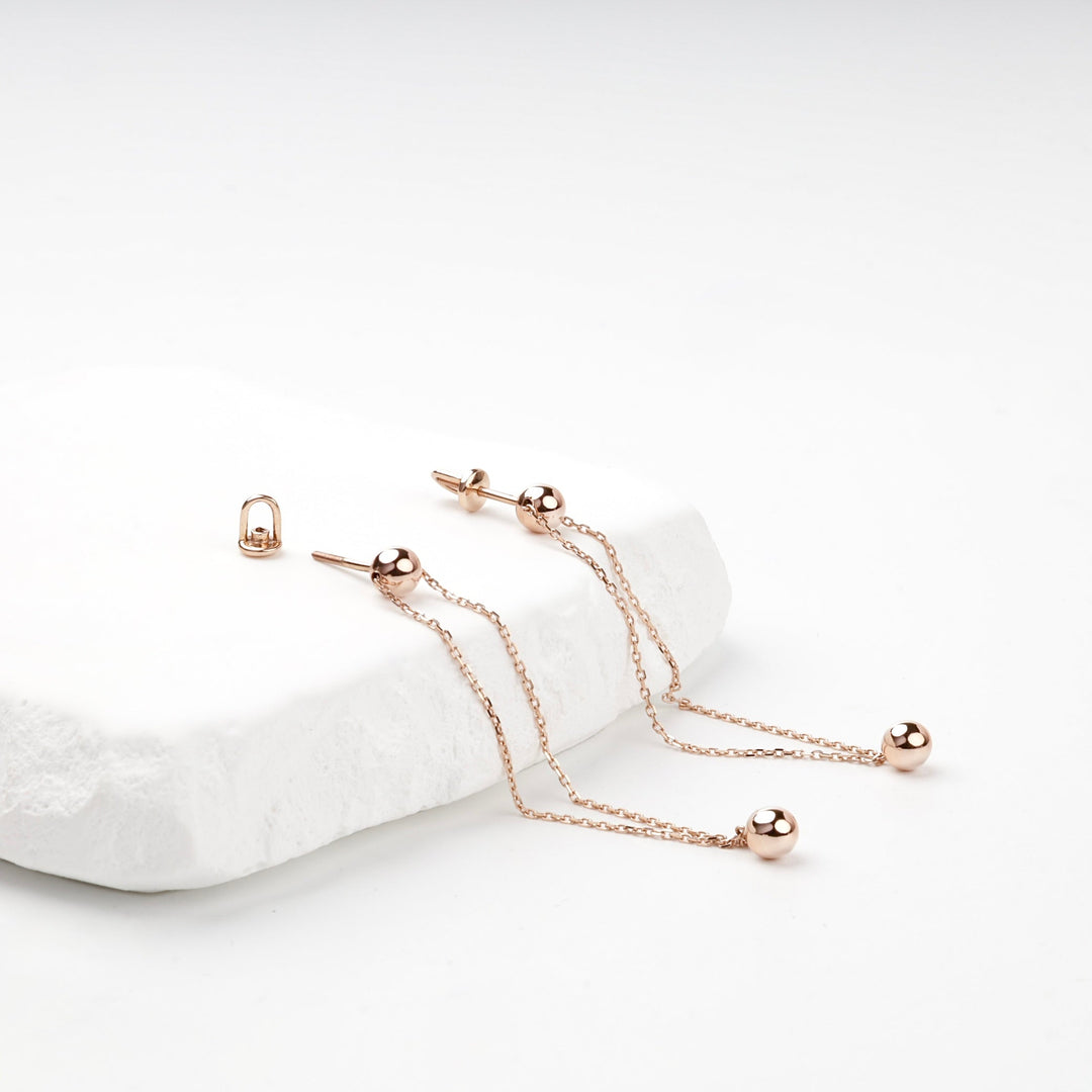 Rose Gold 14K (585) Double-Chain Ball Drop Earrings | Ukrainian Jewelry
