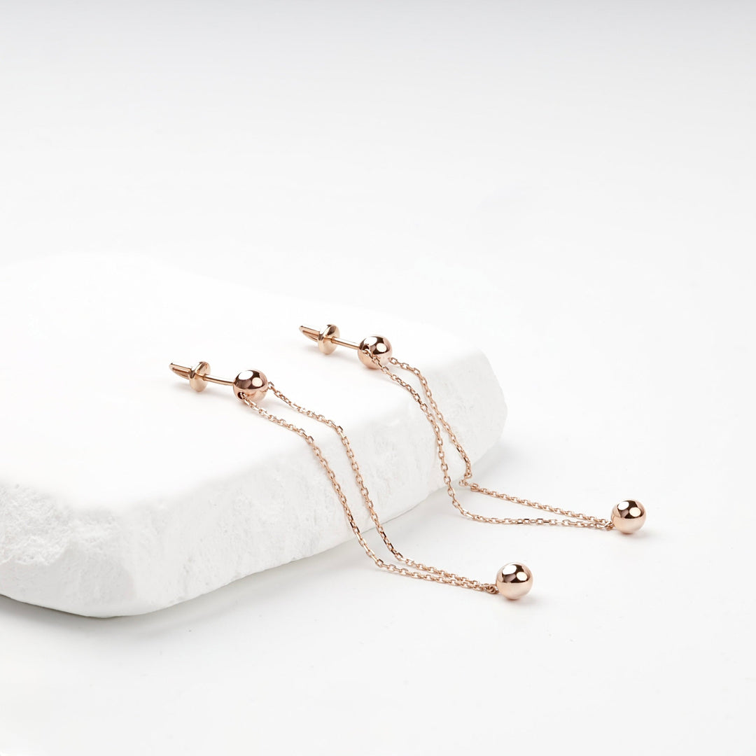 Rose Gold 14K (585) Double-Chain Ball Drop Earrings | Ukrainian Jewelry