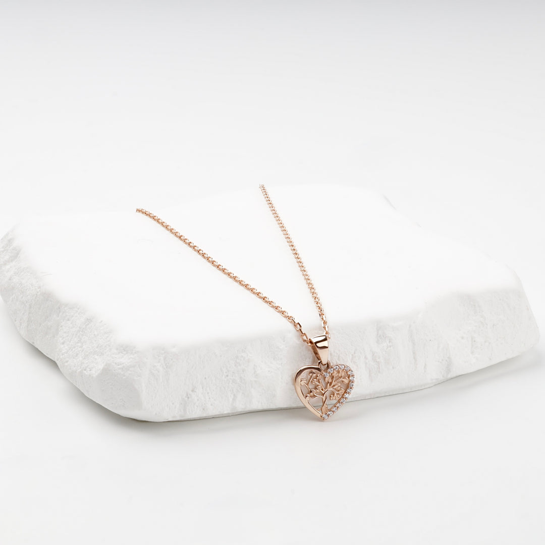 Rose gold tree of life heart pendant, front detail