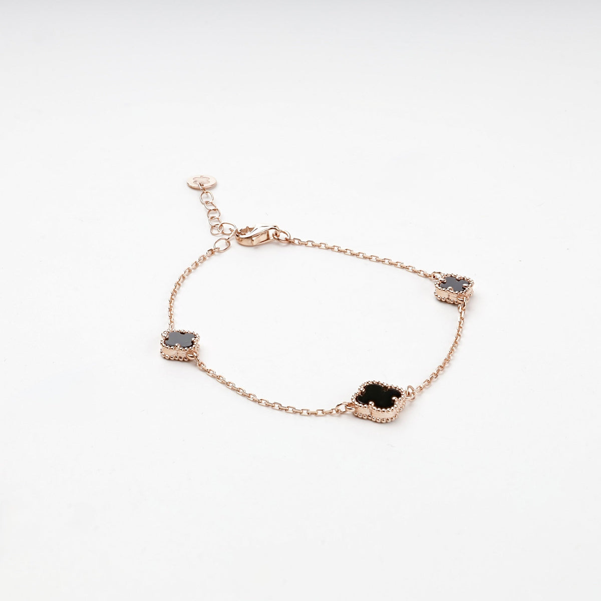 Rose Gold 14K (585) Black Onyx Clover Station Bracelet | Ukrainian Jewelry