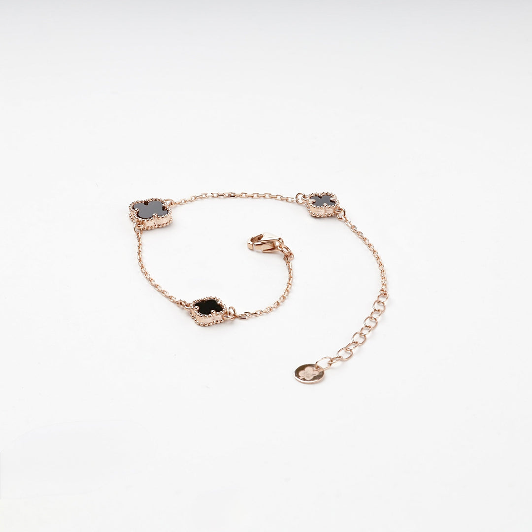 Rose Gold 14K (585) Black Onyx Clover Station Bracelet | Ukrainian Jewelry