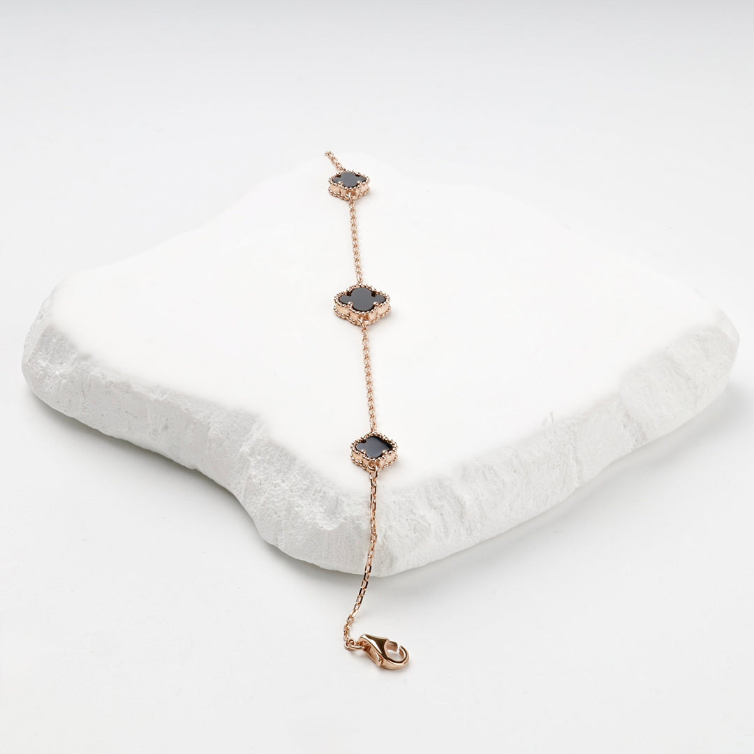 Rose Gold 14K (585) Black Onyx Clover Station Bracelet | Ukrainian Jewelry
