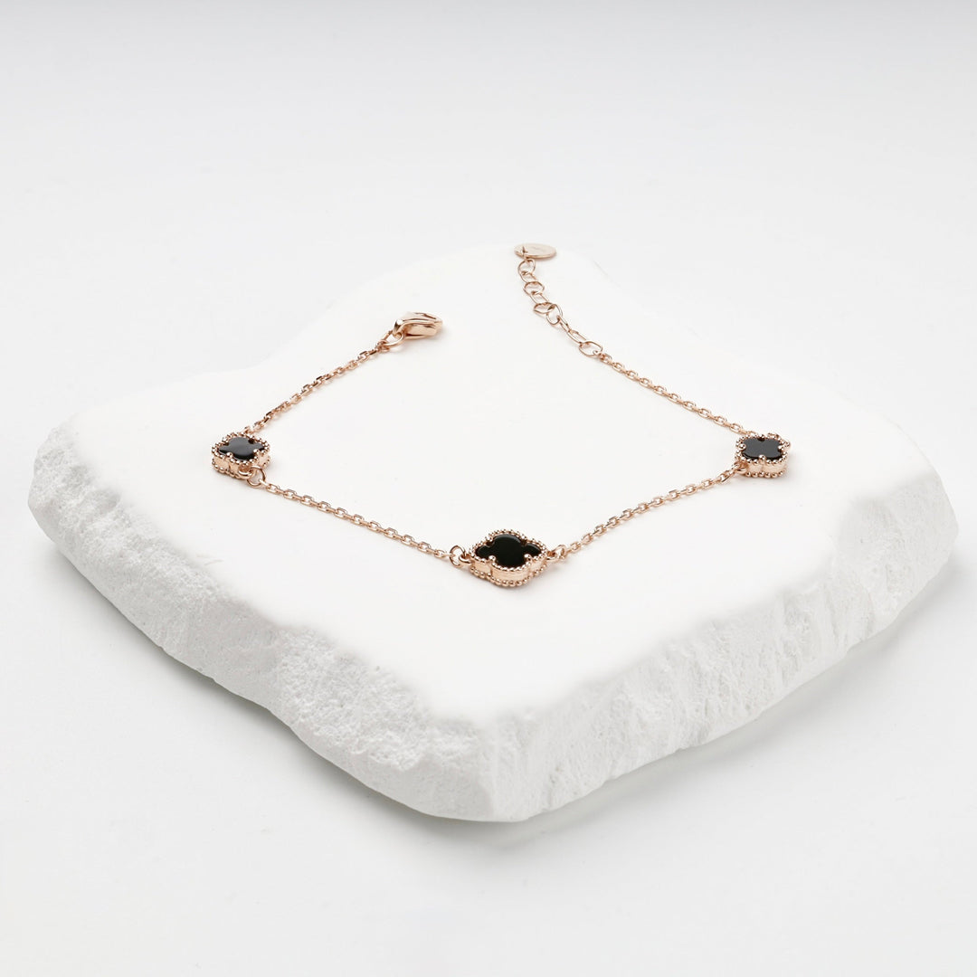 Rose Gold 14K (585) Black Onyx Clover Station Bracelet | Ukrainian Jewelry