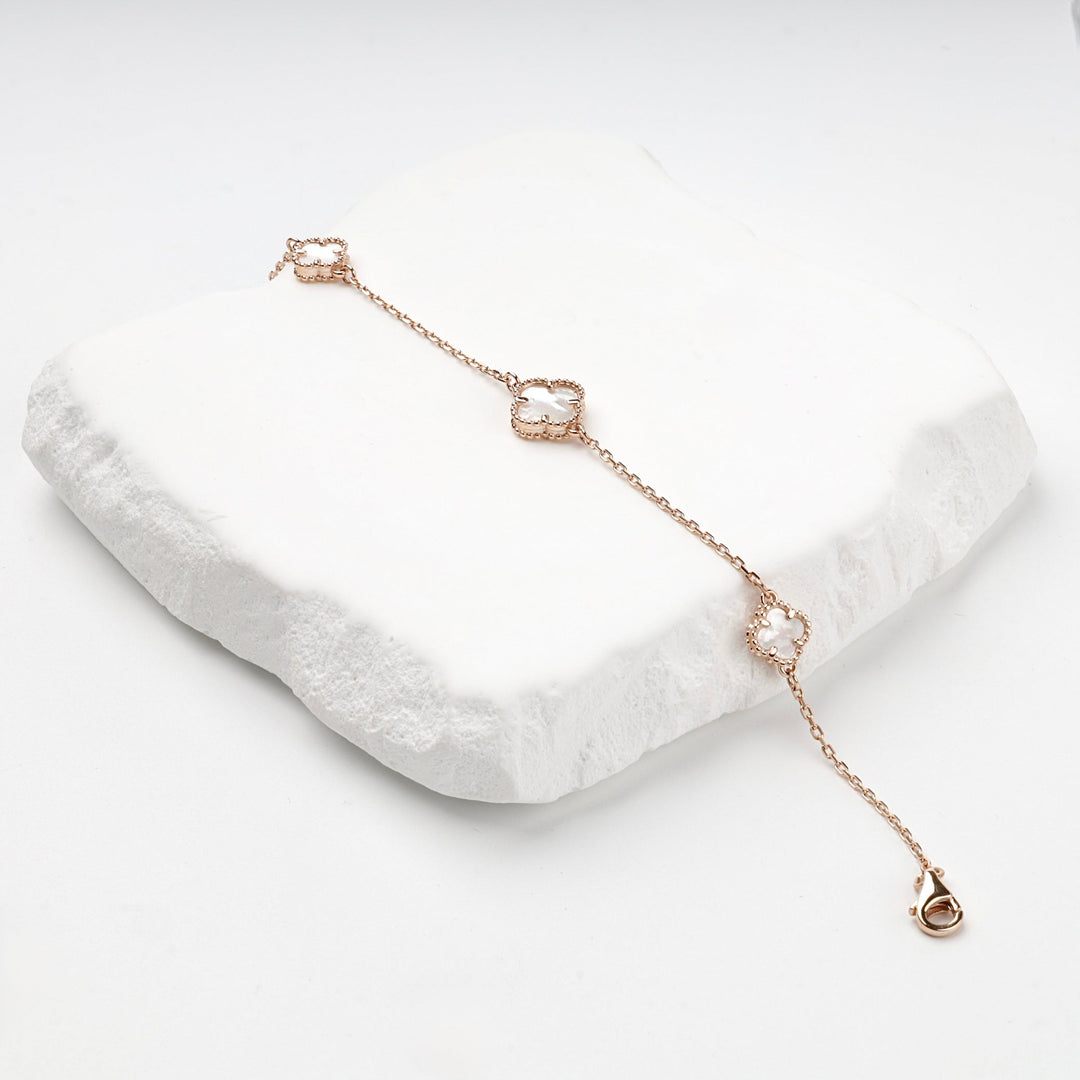 Rose Gold 14K (585) Mother-of-Pearl Clover Station Bracelet | Ukrainian Jewelry