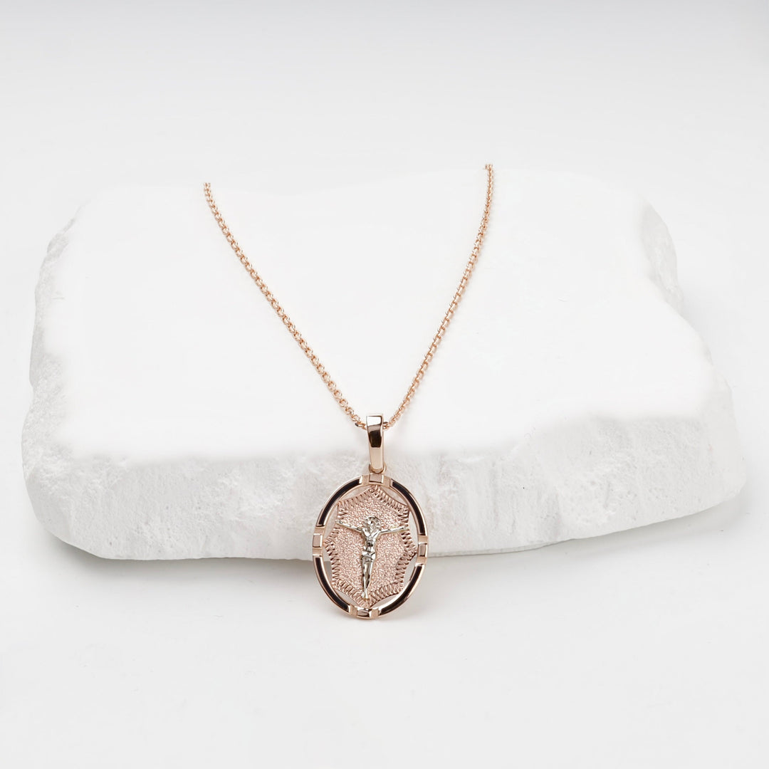 Two-Tone Gold 14K (585) Oval Crucifix Icon Pendant | Ukrainian Jewelry